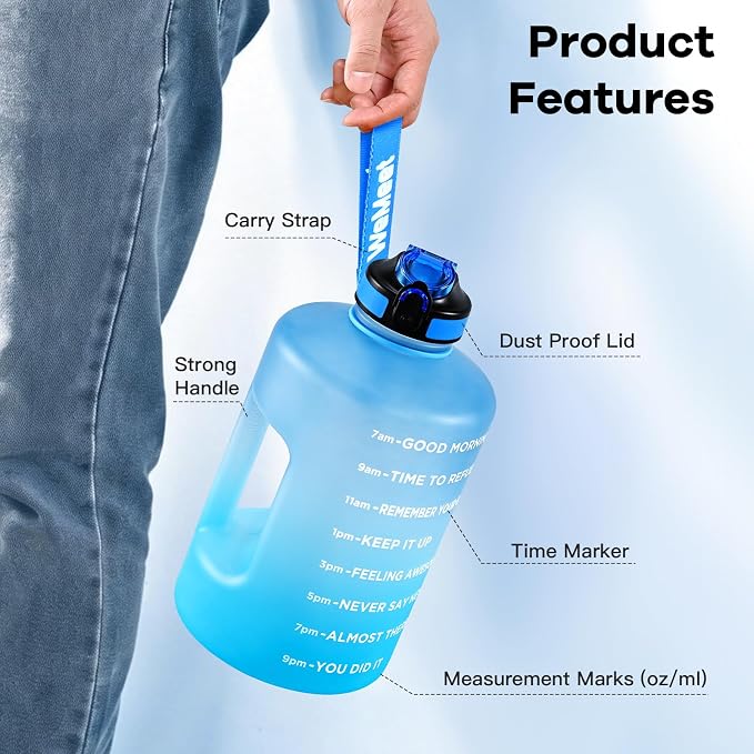 WEMEET 128oz Large Water Bottle with Straw and Time Marker, BPA FREE, 1 Gallon Reusable Motivational Water Bottle, for Gym, Travel, Camping, Hiking (Blue Blue)