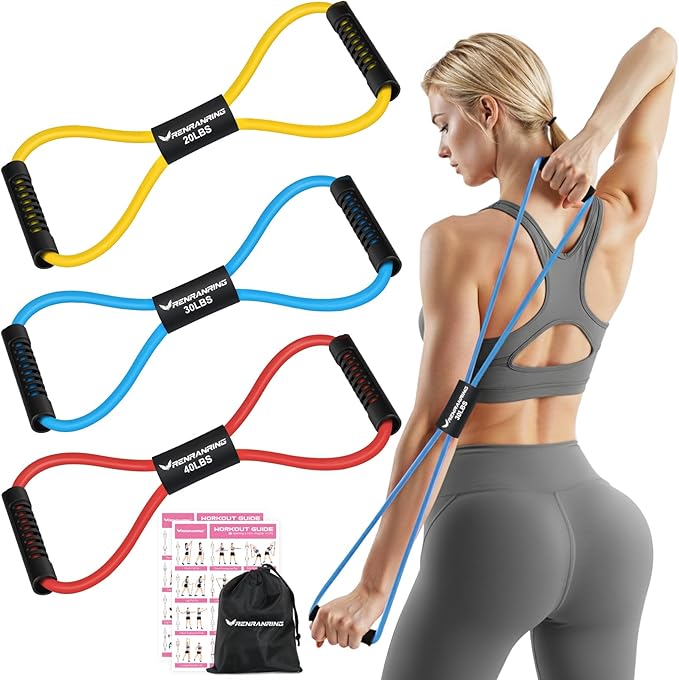 RENRANRING Figure 8 Fitness Resistance Bands with Handles - Exercise Tube Band Set of 3 for Arm and Shoulder Stretch, Rope 8 Word Elastic for Women and Men
