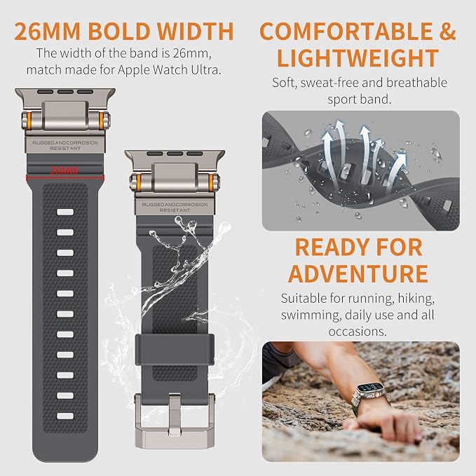 Band Compatible with Apple Watch Ultra 3/2/1 Band 49/46/45/44mm | Metal Connector with Silicone Rugged Strap for iWatch Ultra Series 11/10/9/8/7/6/SE3/SE2/SE/5/4/3/2/1, Gray/Titanium