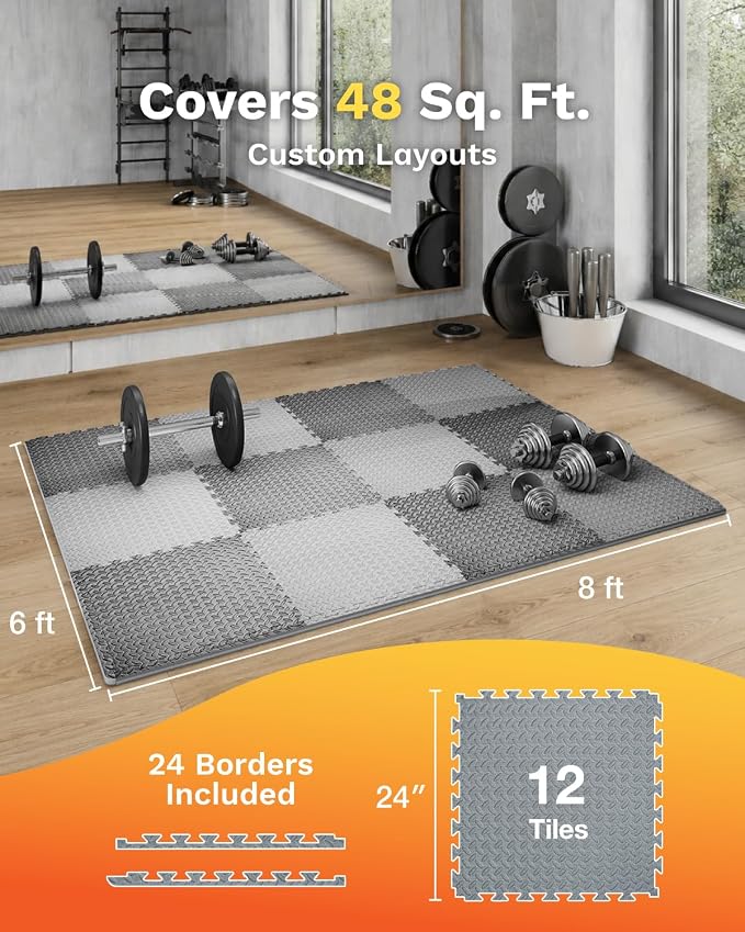 AIRHOP Upgraded 0.79" Extra Thick 48 Sq Ft High-Density Eva Foam Exercise Gym Mats, 12 Pcs Large Interlocking Puzzle Floor Tiles (24"x24") for Home Gym