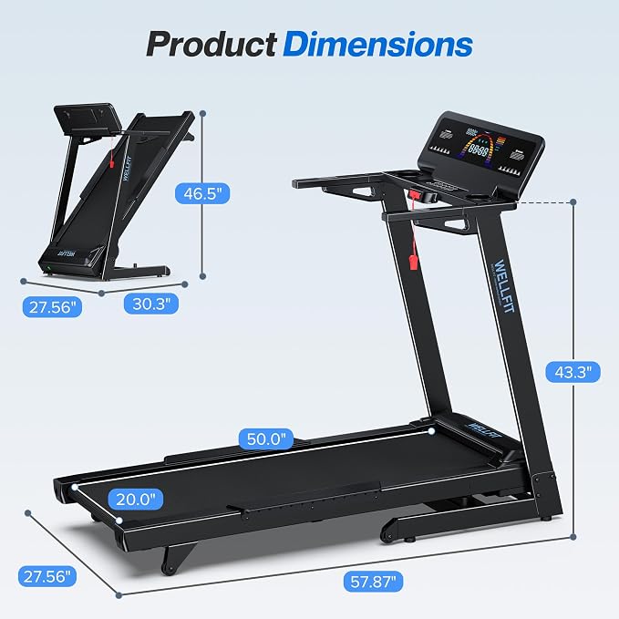WELLFIT Treadmill with 15% Auto Incline, Foldable Heavy Duty Treadmill | 5.0HP, 10 MPH, 500 lbs Capacity, 20'' x 50'' Running Area Treadmills with Pulse Sensor, Bluetooth Player & Large LED Display