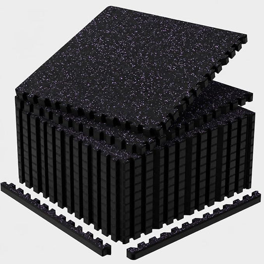 1'' Thick 96 Sq Ft Protective Gym Flooring for Home Gym, 24 Tiles Extra-Thick Rubber Top with High Density EVA Foam, Interlocking Exercise Equipment Mats, Heavy Weight Workout, Black & Purple