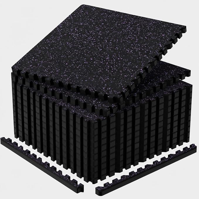 1'' Thick 48 Sq Ft Protective Gym Flooring for Home Gym, 12 Tiles Extra-Thick Rubber Top with High Density EVA Foam, Interlocking Exercise Equipment Mats, Heavy Weight Workout, Black & Purple