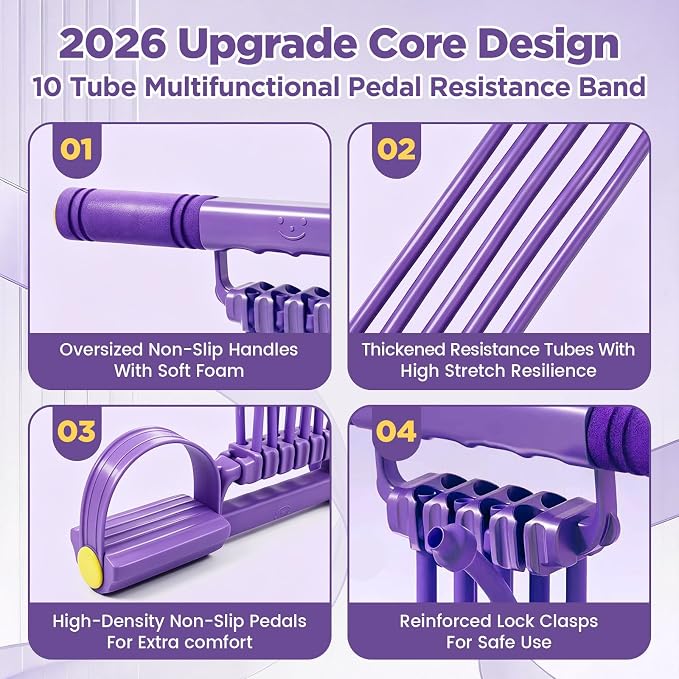 Pedal Resistance Band with Handles, Multifunction Tension Rope | 2026 Upgraded 3 in 1 10 Tubes with Anti-Slip Foot Pedal & Foam Grips, Portable Home Yoga Fitness Equipment for Women