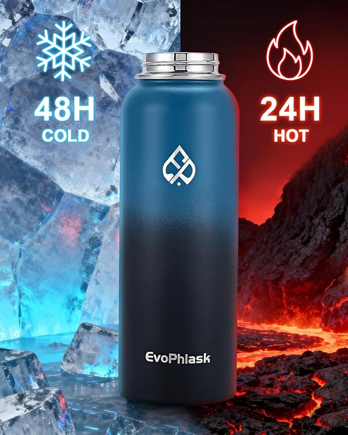 40 oz Insulated Water Bottle(Cold for 48Hrs), Indigo Black | Stainless Steel, BPA Free, Leak Proof, Large Metal Water Jug, For Sport, Hiking, Camping, Travel