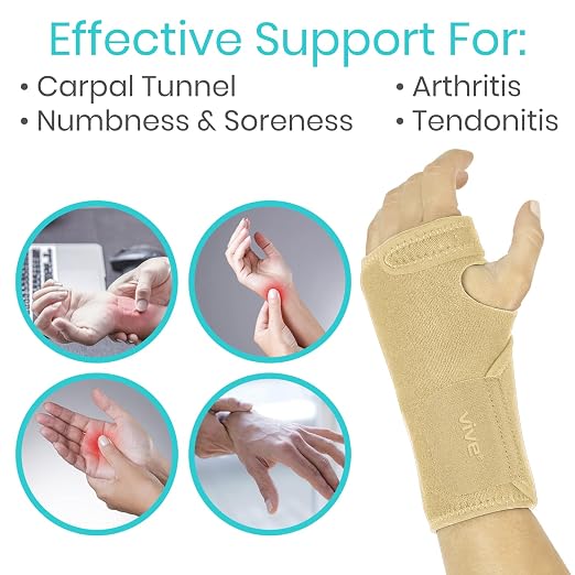 Vive Wrist Brace - Carpal Tunnel Hand Compression Support Wrap for Men | Women, Tendinitis, Bowling, Sports Injuries Pain Relief - Removable Splint - Universal Ergonomic Fit (Beige, Left)