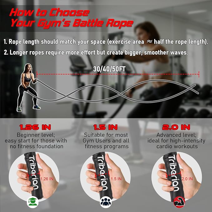 Battle Rope for Home Gym Workout - Extra Thick 2 Inch 30ft Heavy Weighted Training Exercise Ropes Fitness Equipment with Sleeve and Anchor Strap Kit for Crossfit Outdoor Working Out