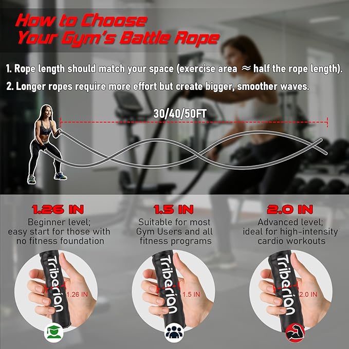 Battle Rope For Home Gym Workout - 1.26 Inch 30ft Heavy Weighted Training Exercise Ropes Fitness Equipment With Sleeve And Anchor Strap Kit For Outdoor Working Out
