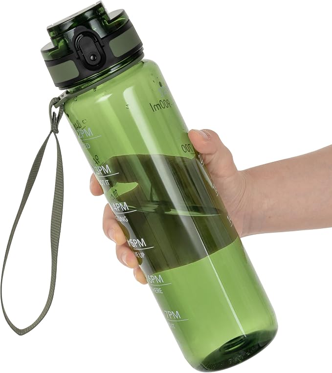 OLDLEY Water Bottle, 32oz Motivational Sports Water Bottle with Time Marker - Times to Drink - Tritan, BPA Free, Wide Mouth Leakproof,Olive