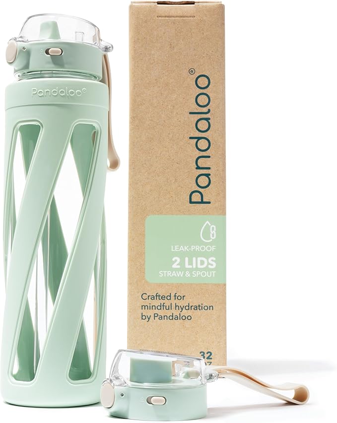 Pandaloo® Orbit 32 oz Glass Water Bottle with 2 Leak-Proof Lids (Straw & Spout), Wide Mouth, Borosilicate Glass, BPA-Free, Cup Holder Friendly for Gym, Work, Travel & Daily Hydration - Sage