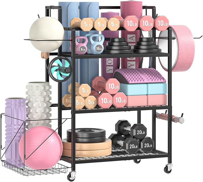 Home Gym Storage Rack, Multi-functional Workout Equipment Storage for Dumbbells, Kettlebells & Yoga Mats, Heavy Duty Weight Rack for Home Garage Gym, Rolling Fitness Equipment Organizer with Hook