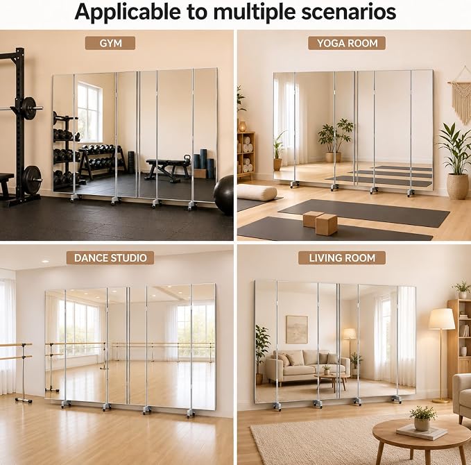 Full Length Stand Up Mirror on Wheels 71''L×71''W Large Tri-Fold Floor Mirror with Stand,Movable 3-Way Full Length Standing Mirror for Gym,Dance Studio,Fitness Room,Home (70.9" x 70.9")