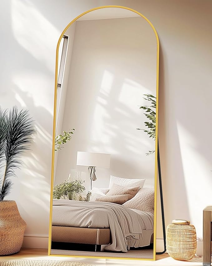 Full Length Mirror 58" L x 18" Full Body Standing Mirror for Bedroom, Living Room, Gym, Dorm - Shatter-Resistant & Easy Assembly, Arched Style Gold