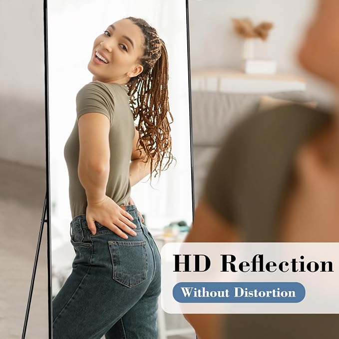 NEWBULIG 56"x21" Full Length Mirror, Full Body Standing Mirror, Black | Leaning or Standing, Tempered Glass, Aluminum Alloy Thin Frame Floor Stand for Bedroom, Cloakroom