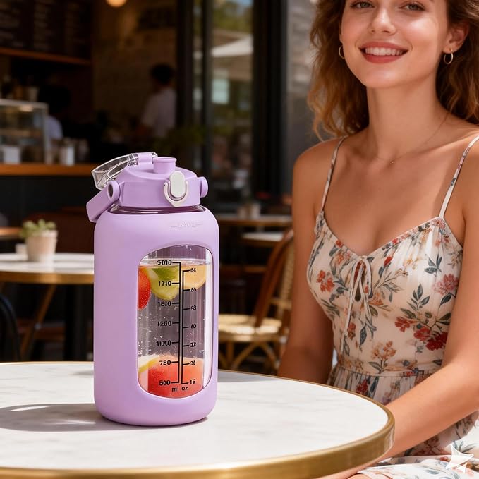 84oz Glass Water Bottle with Straw, 2.5 Liter Large Water Bottle with Silicone Sleeve and OZ Marker, Wide Mouth Gallon Glass Bottle with 2-in-1 Lid, Leakproof Water Jug for Gym Home, Purple