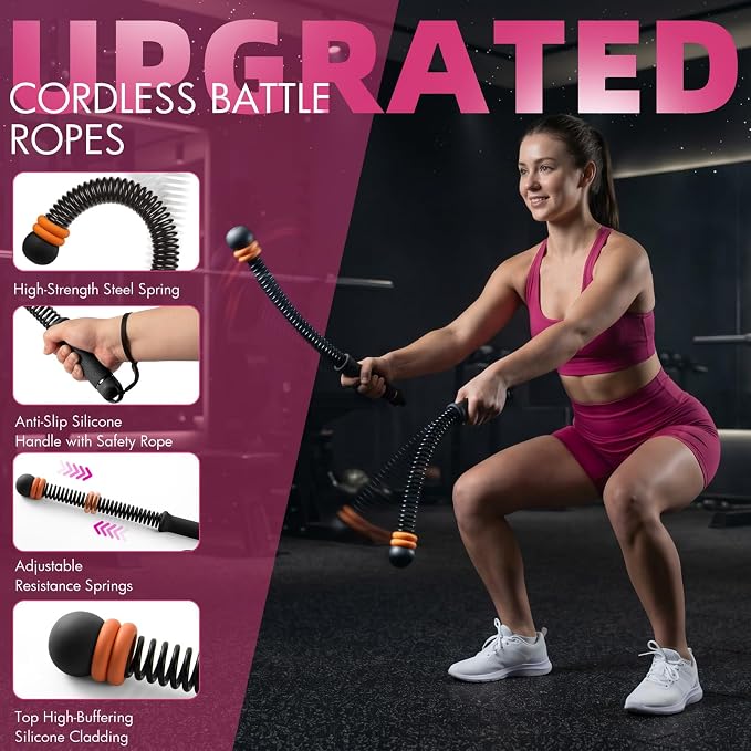 Chillchard Battle Ropes for Home Gym, Weighted Ropeless Battle Ropes | Cordless Battle Ropes with Adjustable Resistance Springs, Portable Home Workout Equipment for HIIT Cardio & Strength Training