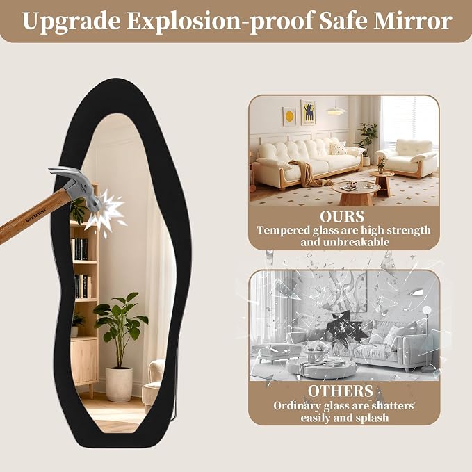 Full Length Mirror, 63"x24" Wavy Full Body Mirror Flannel | Flannel Floor Mirrors with Stand, Irregular Wavy Mirror Hanging or Leaning Against Wall for Bedroom Living Room, Black