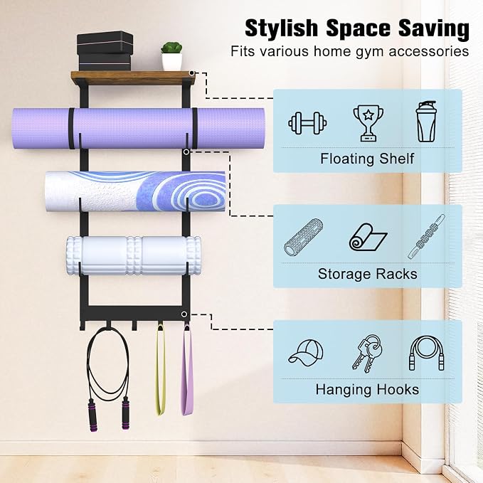 Yoga Mat Holder Wall Mount, 4-Tiers Yoga Mats Storage Shelf Rack | Home Gym Wall Organizer Holder with Wood Floating Shelf and 5 Hooks, Storage Rack for Foam Roller/Band/Workout Equipment