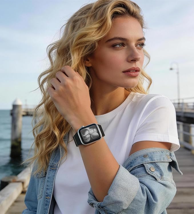 Magnetic Silicone Band Compatible with Apple Watch Band 42mm 41mm 40mm 38mm Series 11 10 9 8 7 6 5 4 3 & SE 3/2/1 Strong Magnetic Clasp, Waterproof & Adjustable (Black + Starlight)