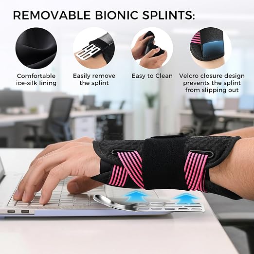 Carpal Tunnel Wrist Brace with Removable Splints, Breathable Wrist Support for Men & Women, Night & Work Support, Pain Relief, Tendonitis, Sprain, Rigid Hand Brace for Arthritis, Right Hand (L/XL, Black/Pink)