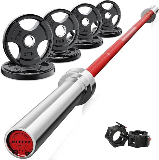 RitFit Barbell Weight Set - 4/6FT Olympic Barbell with Weight Plates (55-115LB Total) - Weightlifting Equipment for Squats, Curls, Deadlifts, Presses, Hip Thrusts