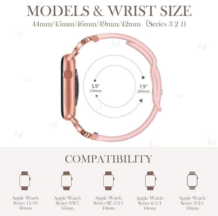 Lerobo Slim Silicone Band Compatible with Apple Watch Bands for Women | Dressy Metal Butterfly 16mm Thin Strap for iWatch Series 11 10 9 8 7 6 5 4 SE Ultra 38mm 40mm 41mm 42mm 44mm 45mm 46mm 49mm