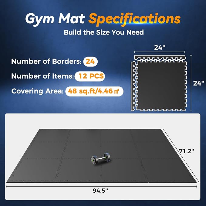 SUPERJARE 1" Extra-Thick Rubber Top Exercise Mat, Puzzle Gym Flooring for Home Gym, Gym Mat for Workout Equipment, Interlocking Floor Tiles with EVA Foam, 12 Pcs 48 Sq Ft, Black