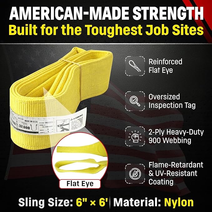 DD Sling 6 Inch x 6 Foot Nylon Lifting Sling – USA Made, 16,300 lb Vertical, 13,000 lb Choker, 32,600 lb Basket – 2-Ply Heavy Duty 900 Webbing, Type 3 Flat Eye & Eye Rigging Sling