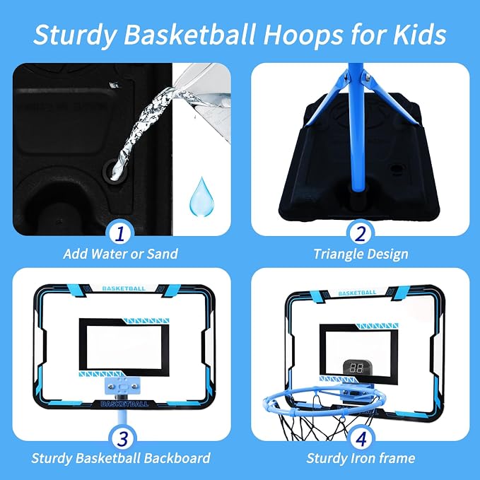 Kids Basketball Hoop, Adjustable Height Toddler Basketball Hoop Stand, Indoor Outdoor Basketball Goal Toy for Boys Girls Ages 3~8 Years Old, Includes 3 Balls, Ideal for Birthday Gift