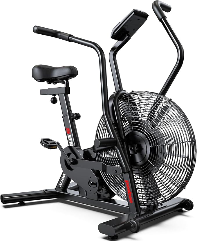 pooboo Air-Resistance Exercise Fan Bike, Air Bike with Dual Acction Handlebars&Dual-Layer Transmission System, Stationary Bike with APP Connection for Home Gym HIIT Cardio Full Body Workout