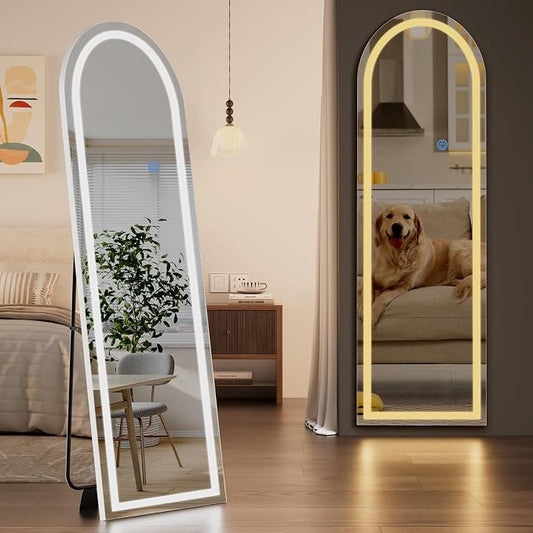 Koonmi LED Arched Full Length Mirror, 63"x20" Full Length Mirror with Lights, Lighted Floor Mirrors with Stand, Full Body Mirrors with Dimming & 3 Color Lightingfor Living Room Cloakroom, White