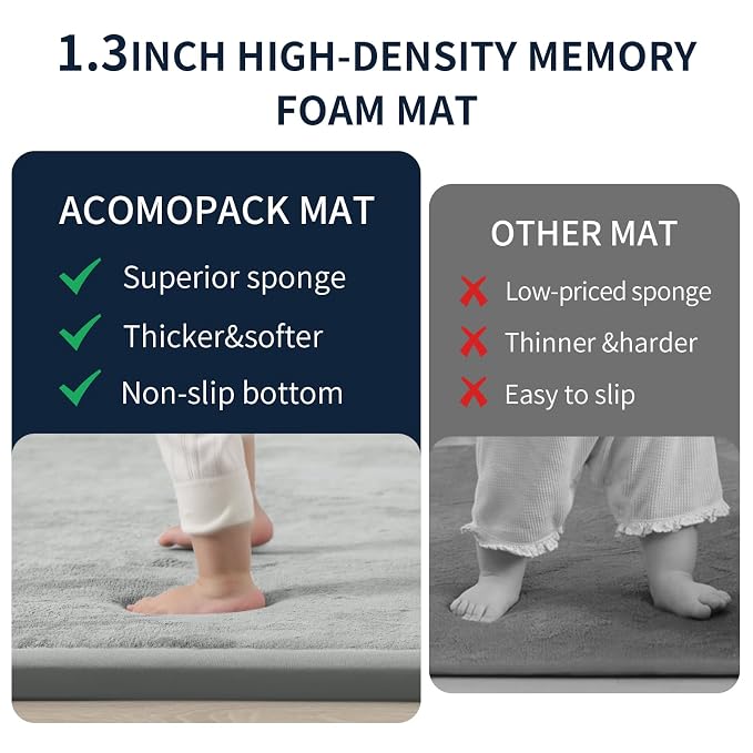 ACOMOPACK 1.3" Thick Baby Play Mat for Floor,50x50 Elasti-Foam Playpen Mat for Kids,Infants,Toddlers, Ultra Soft Crawling Mat with Non-Slip Bottom,Tummy Time,Nursery Rug,Yoga,Tatami（Light Grey）