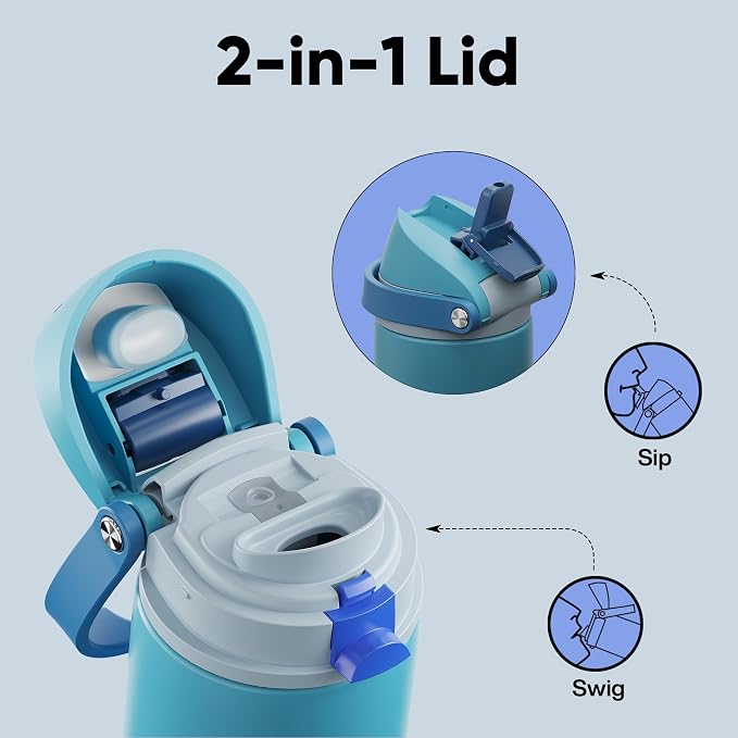 Insulated Water Bottle with Straw - Encool Stainless Steel Water Bottle with Push Button Lid, Leak-Proof & BPA-Free, Keeps Cold for 24 Hours for Sports, Travel, Gym (18 oz, Silk Blue)