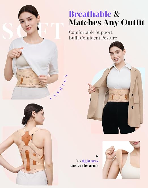 Posture Corrector for Women and Men, Full Back Support Brace, Adjustable Shoulder Straightener, Improving Posture, Relief Upper and Lower Back, Neck Pain, Beige, Medium