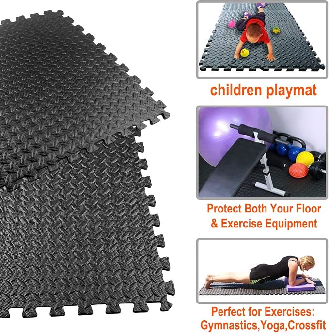 Walsai Exercise Mats Puzzle Foam Mats Gym Flooring Mat Cover 20 SQ.FT Interlocking Foam Mats with EVA Foam Floor Tiles for Home Gym Equipment Workouts (20pcs Black Exercise Mats)