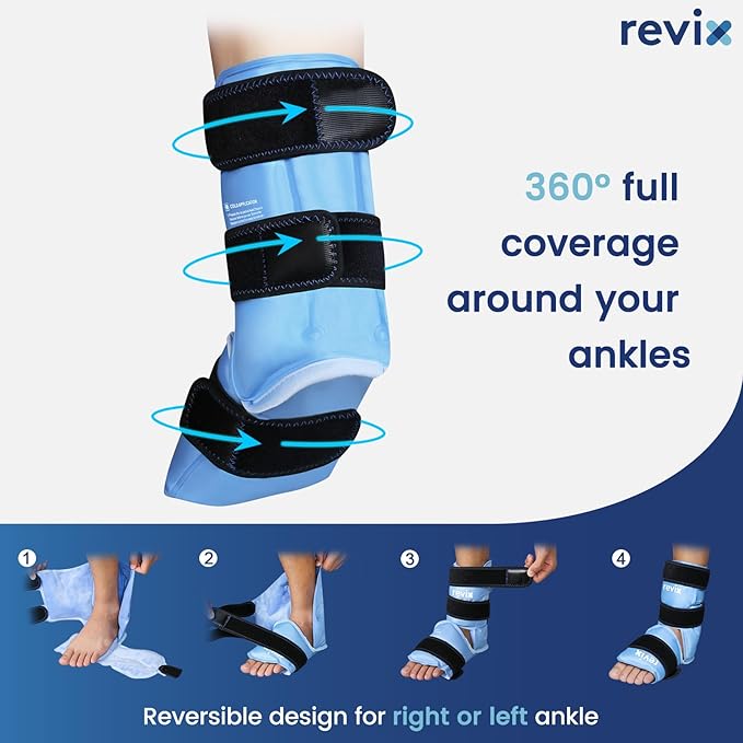 REVIX Foot & Ankle Ice Pack Wrap, Hands-Free Design, 2 Packs | Heel Ice Wrap with 3 Adjustable Straps, Reusable Gel Cold Compression for Plantar Fasciitis, Post-Workout Recovery
