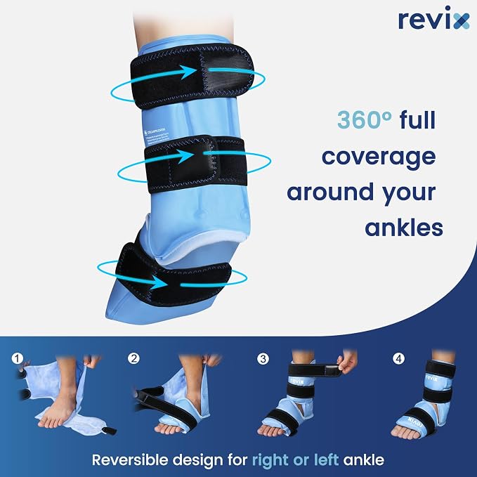 REVIX Ankle Ice Pack Wrap, Reusable Gel Ice Pack for Foot Pain Relief | Feet Cold Pack with Soft Plush Lining, 3 Adjustable Straps for Achilles Tendonitis, Plantar Fasciitis, Sprained Ankle