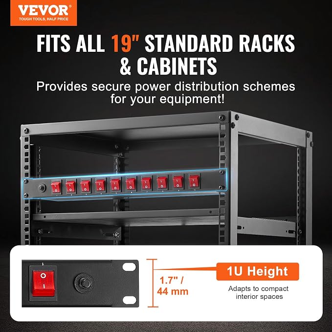 VEVOR 10 Outlet Horizontal 1U Rack Mount PDU Power Strip for Network Server Racks, 10 Individual Led Switches Surge Protection & Overload Protection, 110-125V/15A, with 6ft 14AWG Power Cord
