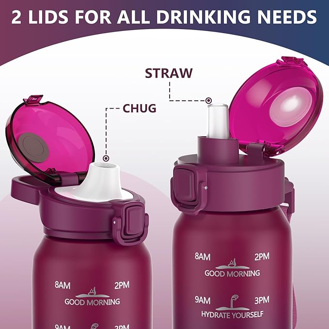 SLUXKE Insulated Water Bottle 17oz with 2Lids(Straw Lid & Spout Lid), 500ml Double Walled Water Bottle with Time Marker, Stainless Steel Metal Flask for Fitness, Gym and Outdoor RED BLACK
