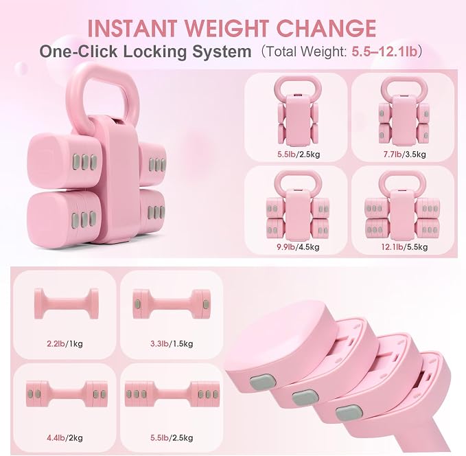Adjustable 2-in-1 Convertible Kettlebell & Dumbbells Set, 4 in 1 Free Weights Dumbbell Set of 2, Each 2.2 3.3 4.4 5.5lb Quick Change Women Dumbbell Set for Home Exercise Training