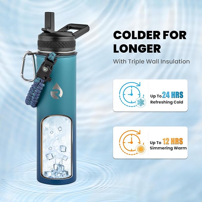 RAYMYLO Insulated Water Bottle 24 oz, Triple Wall Vacuum Stainless Steel | (Cold for 24Hrs, Hot for 12Hrs), Leak Proof & Non-BPA, Modern Water Flask Jug with Paracord Handle & Straw Spout Lids