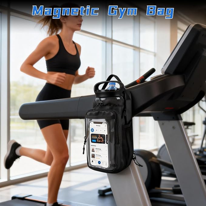 JACZZO Magnetic Gym Bag, Magnetic Gym Water Bottle Bag with Strap 4 Strong Magnets, Upgraded Clear Design Phone Bag, Gym Gifts for Men & Women Gym accessories (Black)