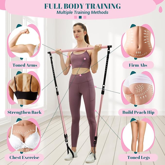 Pilates Bar Kit with Resistance Bands, Multifunctional Yoga Pilates Kit | Heavy-Duty Metal Adjustment Buckle, Portable Home Gym Pilates Resistance Bar Kit for Women Full Body Workouts