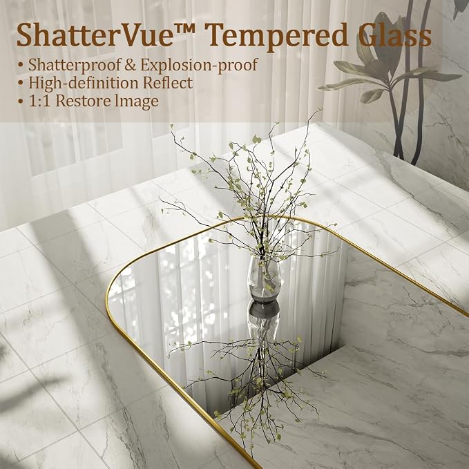 Koonmi Full Length Mirror, 56"x21" Mirror Full Length with Stand | Domed Top Square-Edged ShatterProof Floor Mirror with Gold Aluminum Alloy Frame for Bedroom Living Room Home Gym