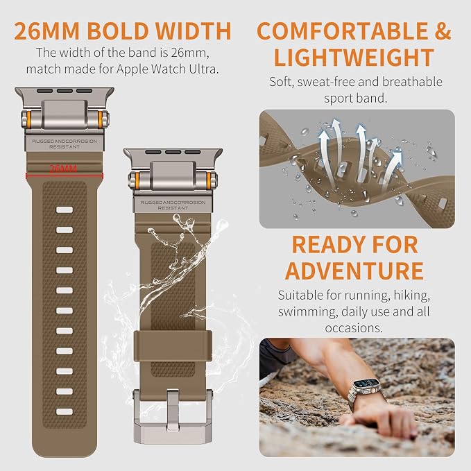 Band Compatible with Apple Watch Ultra 3/2/1 Band 49/46/45/44mm | Metal Connector with Silicone Rugged Strap for iWatch Ultra Series 11/10/9/8/7/6/SE3/SE2/SE/5/4/3/2/1, Desert Tan/Titanium