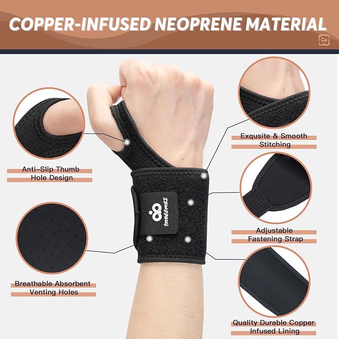 Copper Carpal Tunnel Wrist Brace, 2 Pack Wrist Support Wraps for Men Women, Adjustable Compression Wrist Brace for Tendonitis, Pain Relief, Arthritis, Sports, Work, Sleeping, Both Hands,black