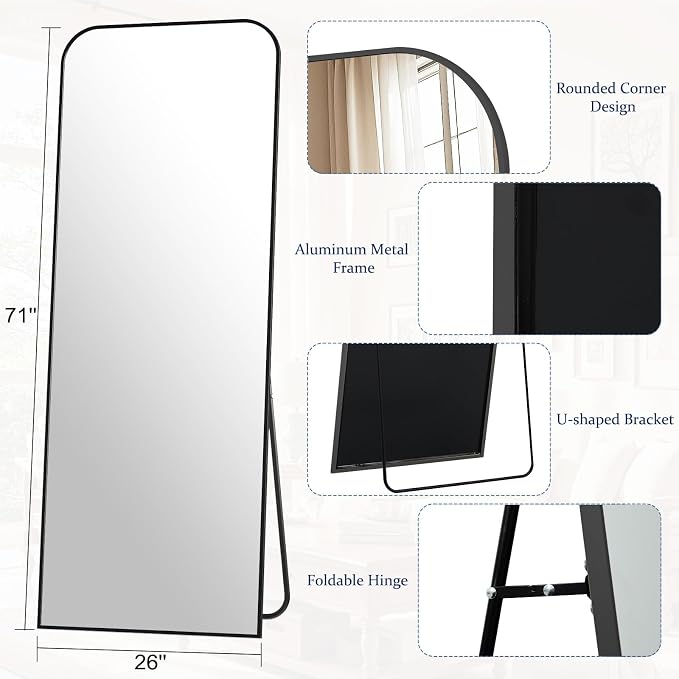 Full Length Mirror 71"x26" Arched Floor Standing Large Mirrors | Full Body Mirror with Stand - with Aluminum Frame for Bedroom Living Room, Black