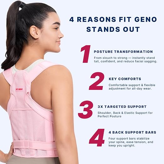 Fit Geno Posture Corrector for Women & Men, Adjustable Upper Back Brace | 4 fiberglass stays with breathable mesh gently pull your shoulders back to correct rounded posture and ease upper back strain