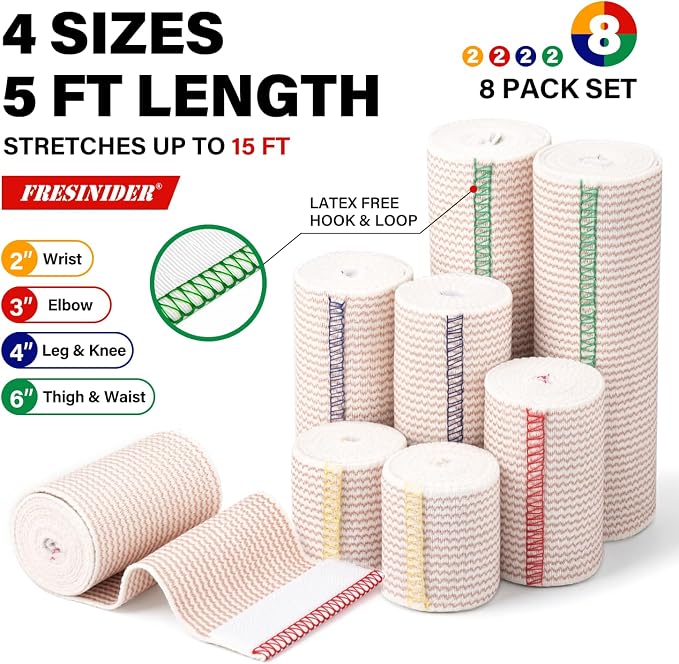 FRESINIDER Premium Elastic Bandage Wrap 8 Pack, 2-6 Inch, Hook and Loop | Assorted-Width Cotton Compression Set Covers Wrist, Ankle, Knee and Thigh; Secure Ends for Full-Body Support and First Aid.
