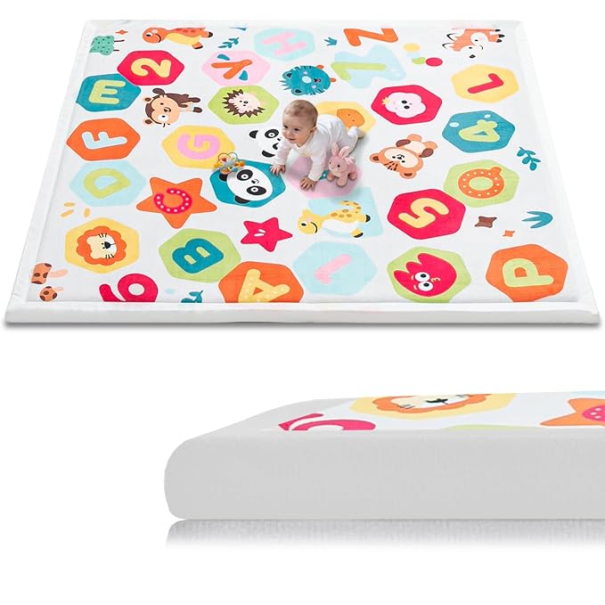 Baby Play Mat for Floor, 74'' x 50'' Thicken Foam Soft Padded Playmat for Tummy Time, Playpen Mat for Toddlers Infant Kids, Water-Repellent Coral Velvet, Non-Slip Bottom Safe for Crawling (Animal)